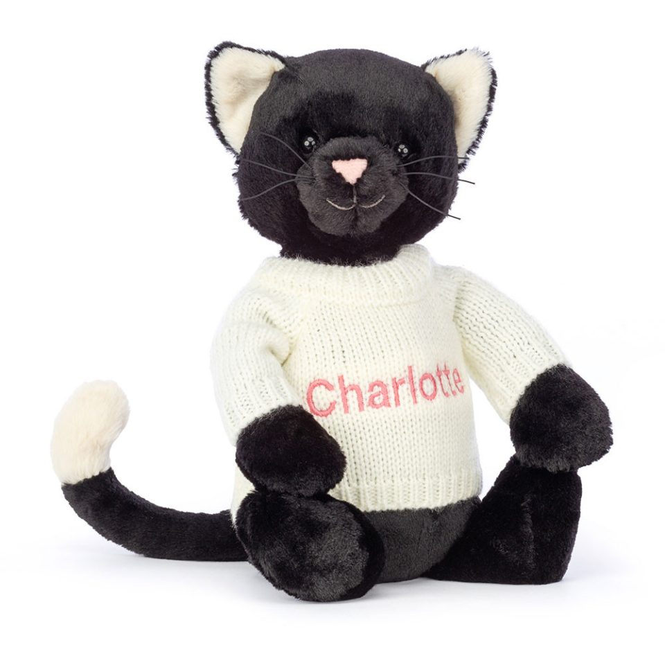 Bashful Black Kitten with Personalised Cream Jumper