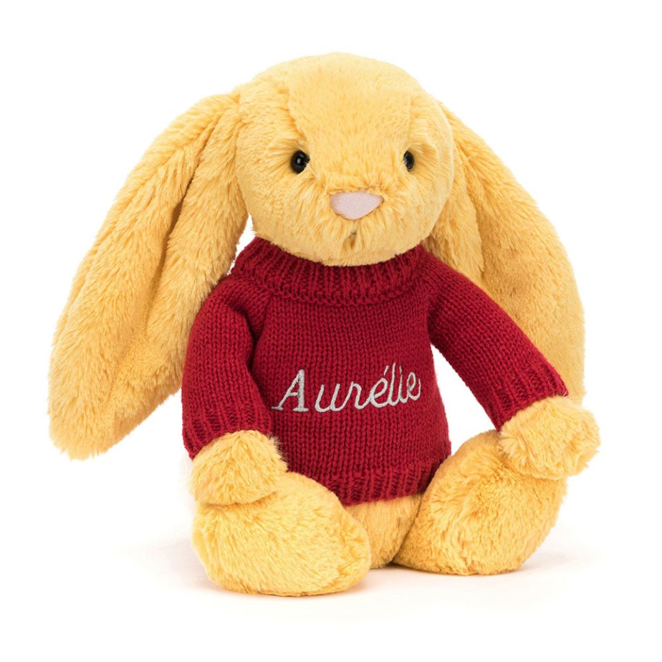 Bashful Sunshine Bunny with Personalised Red Jumper